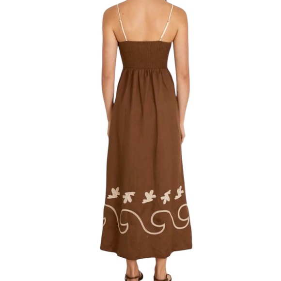 Mon Renn Brown Cream Embroidered Smock Back Midi Sundress Pockets US Large - Picture 2 of 14